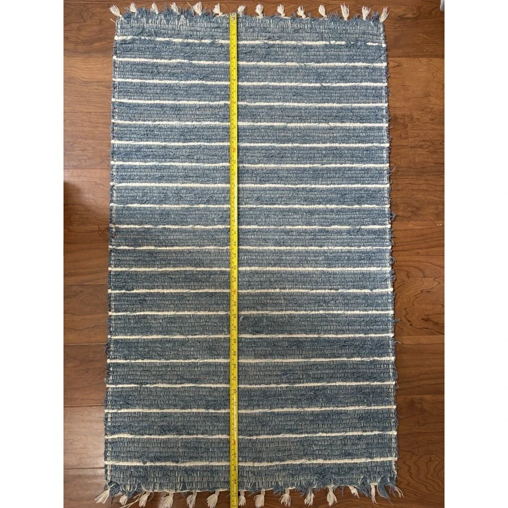 Vintage Braided Woven Striped Rag Rug‎ Blue And Cream 40